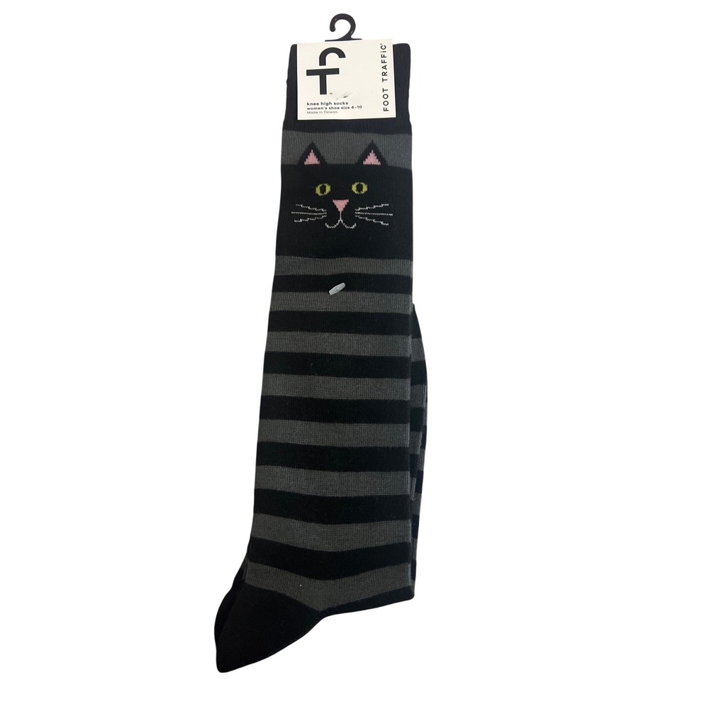 Foot Traffic Womens Striped Cat Face Knee High Socks‎ Shoe Size 4-10 NEW